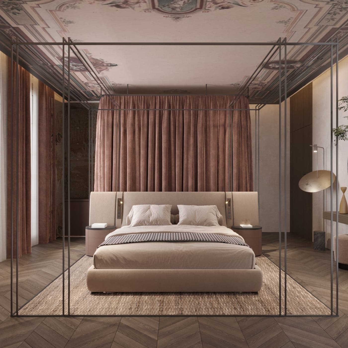 A softly lit bedroom at Tamara Haus with period furnishings.