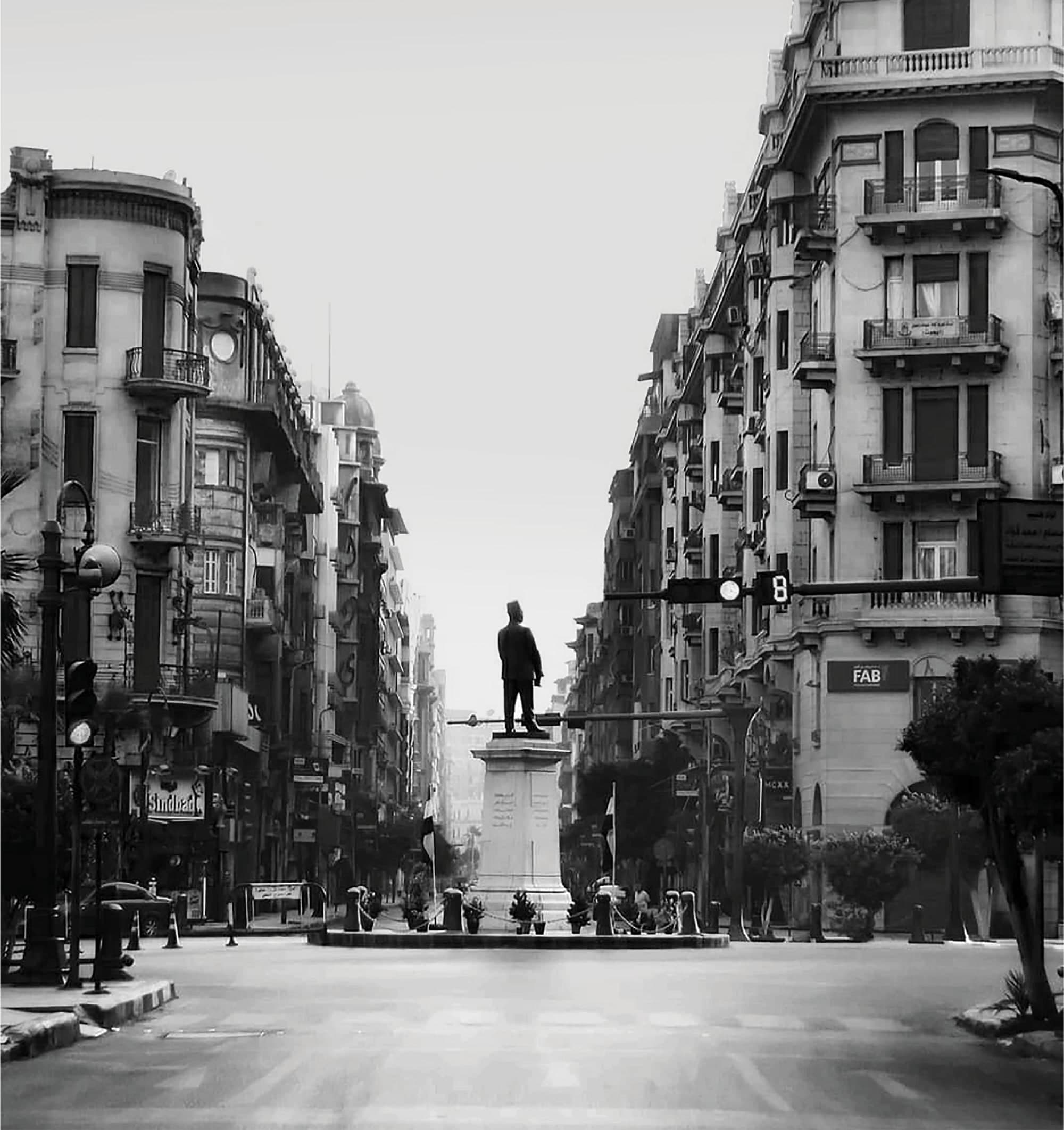 Talaat Harb Street in Downtown Cairo, in black and white