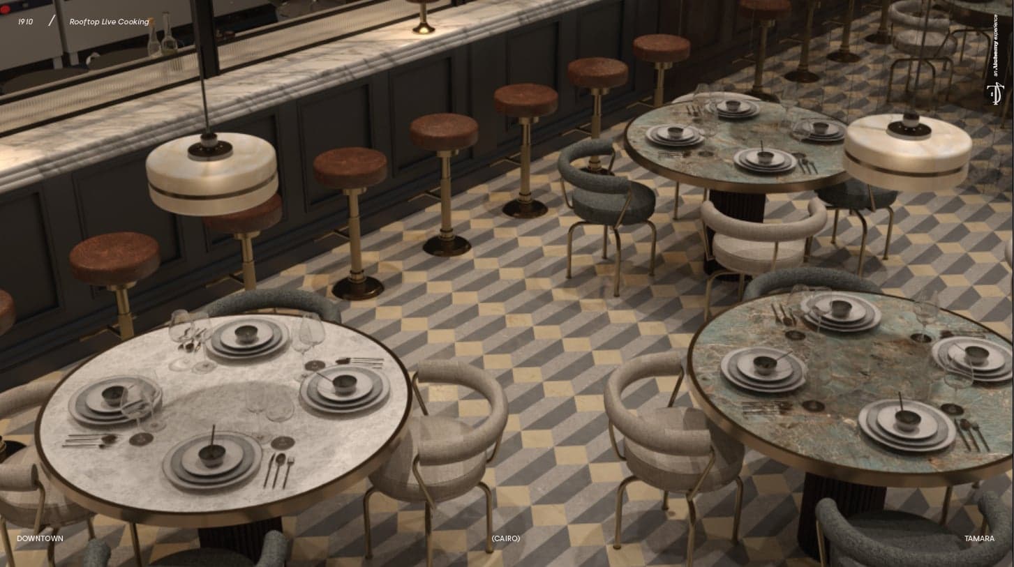 Dining tables and bar stools on a patterned tile floor