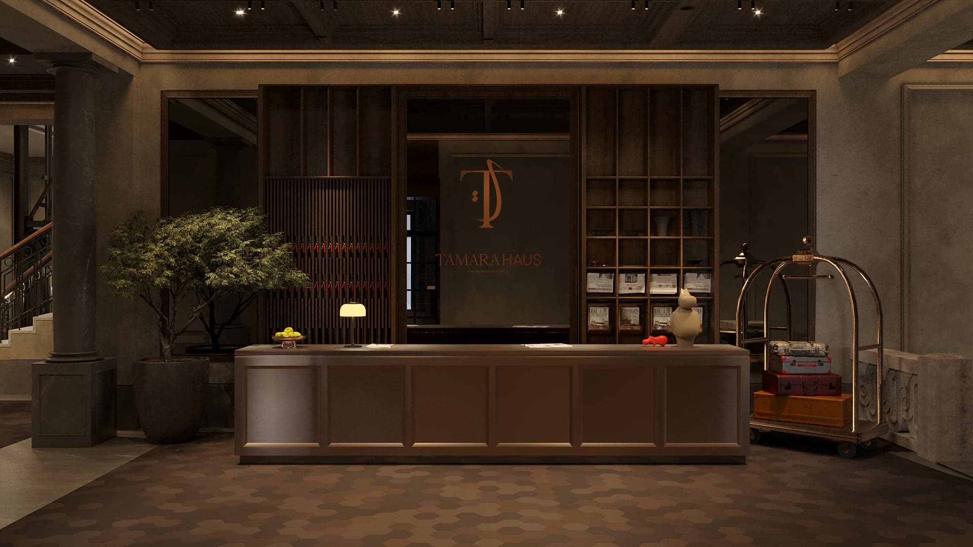 The wood-panelled hospitality lobby and its reception desk