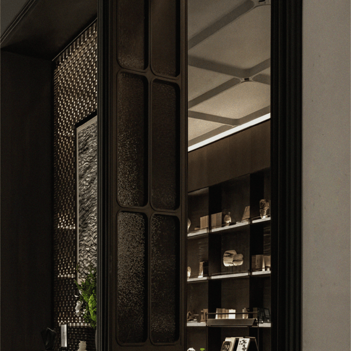 A dim vaulted room lined with shelves