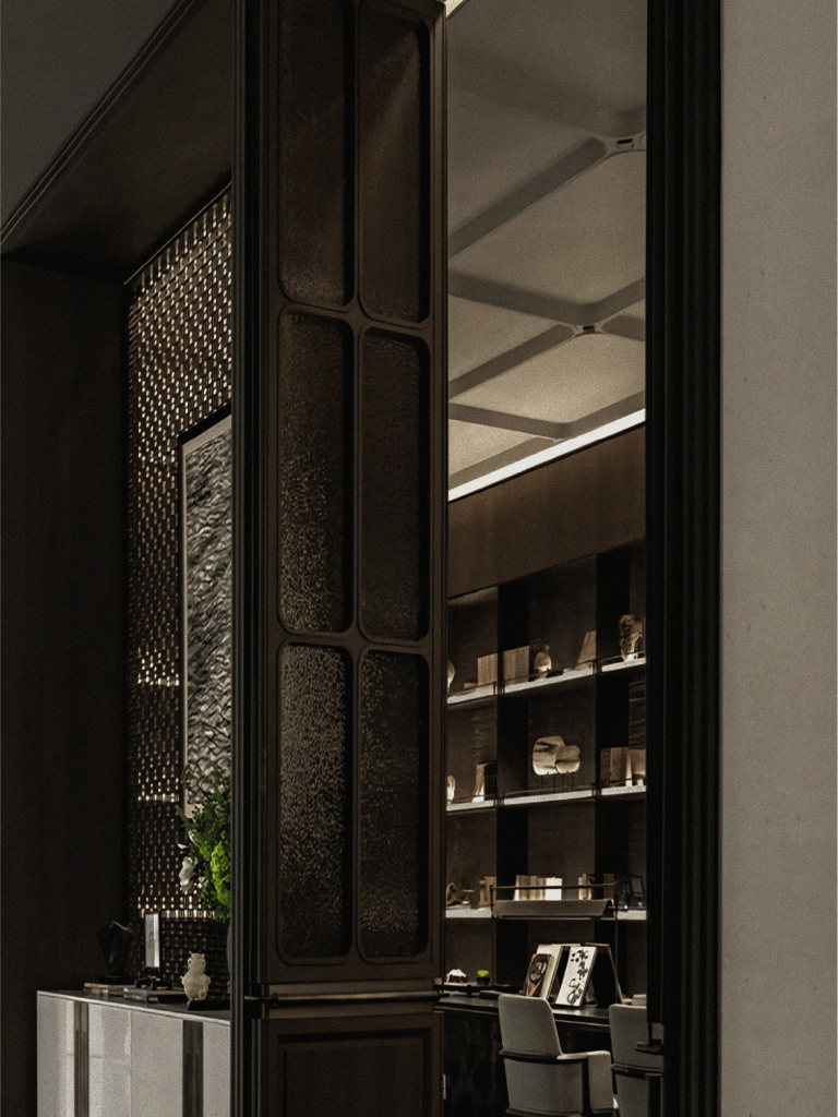 A dim vaulted room lined with shelves