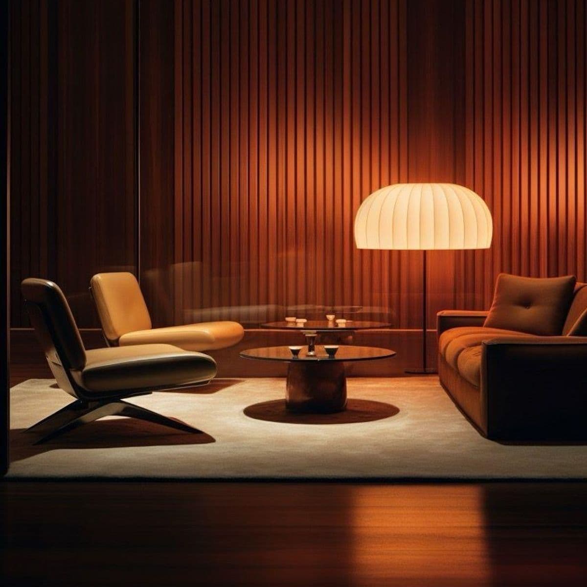 A lounge glowing under a pleated lamp