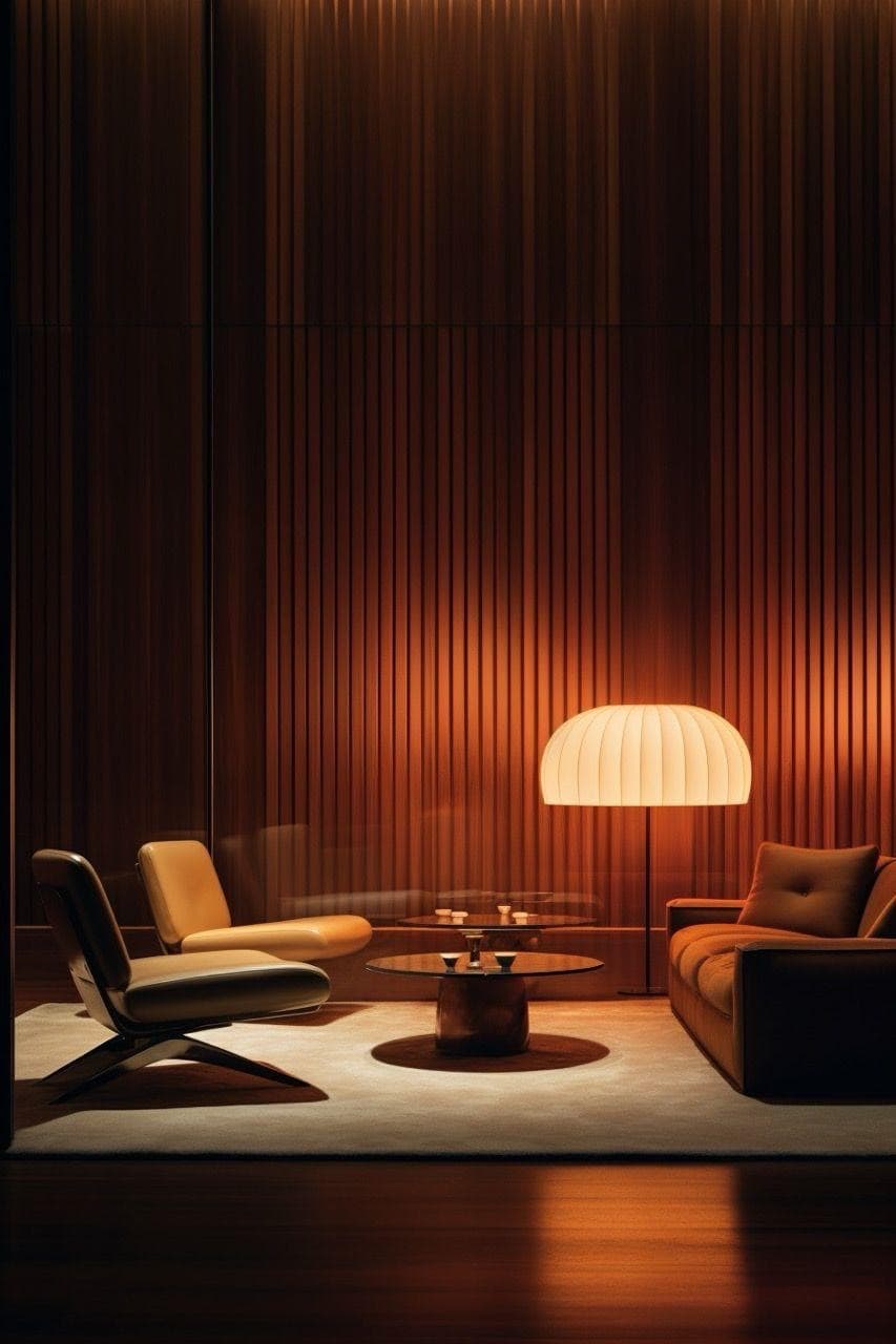 A lounge glowing under a pleated lamp